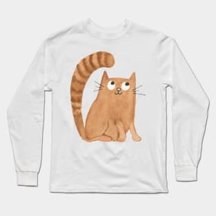 CUTE CAT WATERCOLOR DESIGN - Orange Cat with Striped Tail Painting Long Sleeve T-Shirt